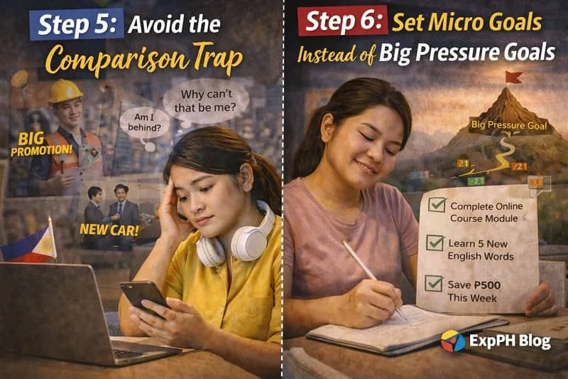 Filipina OFW avoiding social media comparison and setting small achievable goals in a notebook, with ExpPH Blog logo visible.