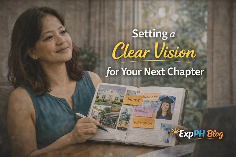 Filipina woman holding a vision journal with goals for home, business, and education, symbolizing setting a clear vision for her next chapter