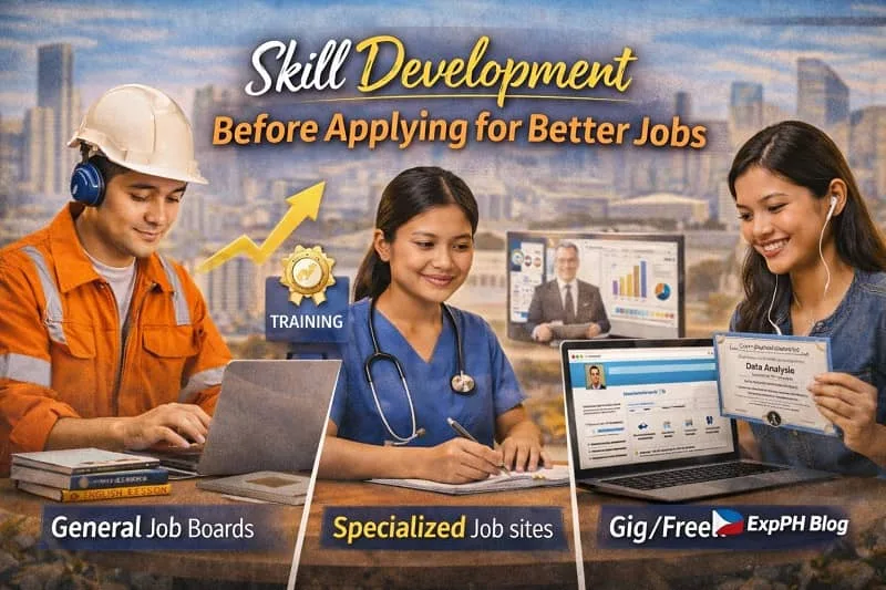 Filipino OFWs improving skills through online training and certification before applying for better overseas jobs with ExpPH Blog logo visible