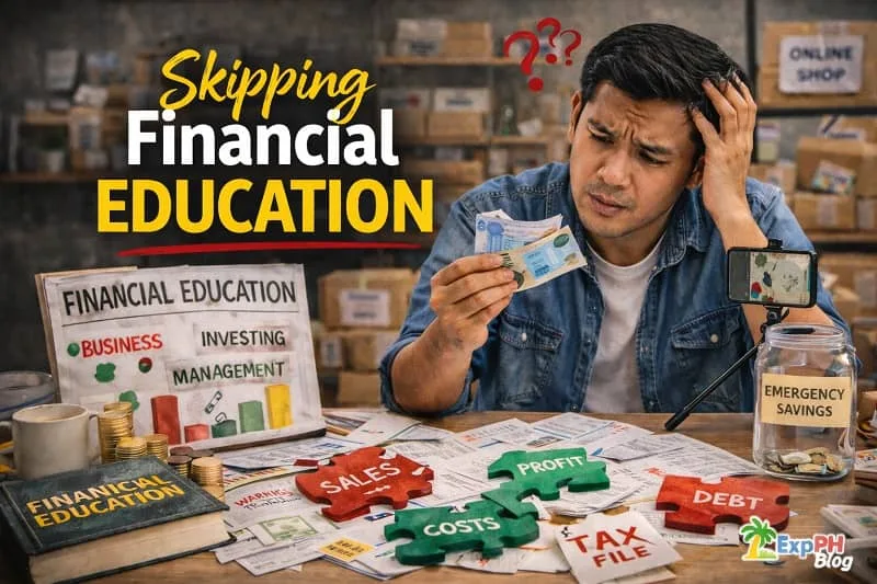 Filipino entrepreneur confused while reviewing money and financial documents, ignoring financial education and planning