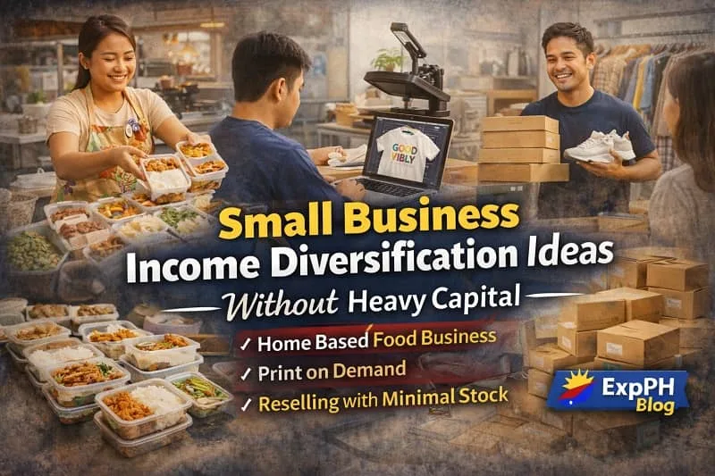 Filipino entrepreneurs running home based food business, print on demand shirts, and reselling with minimal stock representing small business income diversification ideas without heavy capital with ExpPH Blog logo