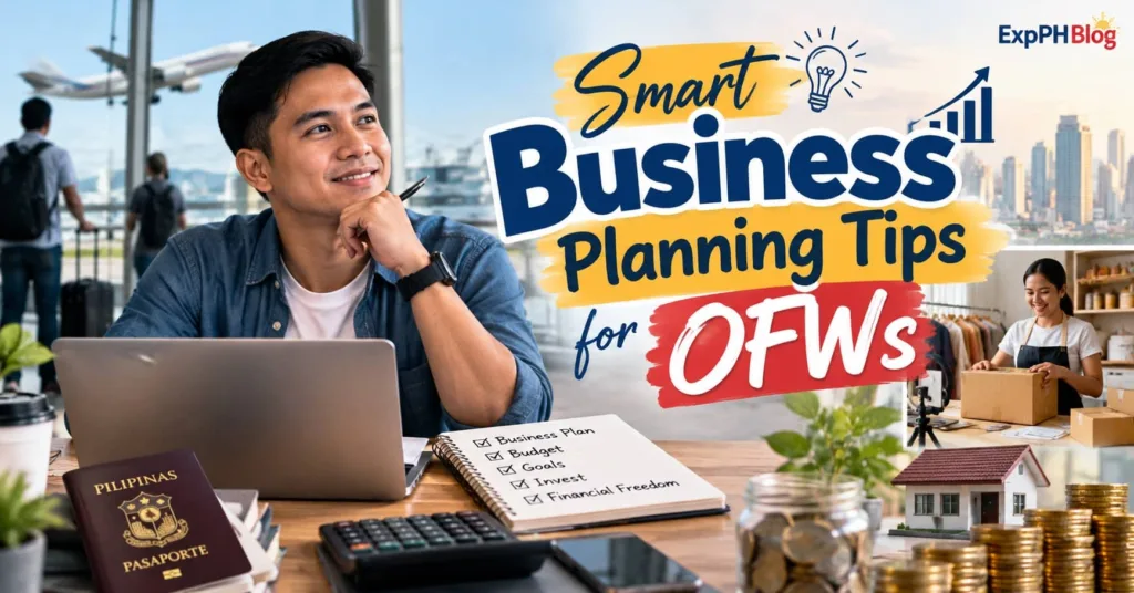 A Filipino OFW planning a business with a laptop, budget notebook, calculator, and savings, illustrating Business Ideas for Filipinos and smart business planning tips for OFWs.