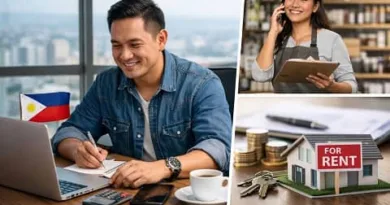 Overseas Filipino Worker planning business investments in 2026 with laptop, rental property model, and small business owner, ExpPH Blog logo visible