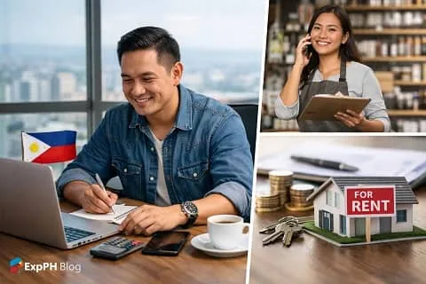 Overseas Filipino Worker planning business investments in 2026 with laptop, rental property model, and small business owner, ExpPH Blog logo visible