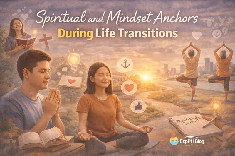 Filipino man and woman praying, meditating, and journaling for spiritual strength during major life changes with ExpPH Blog logo