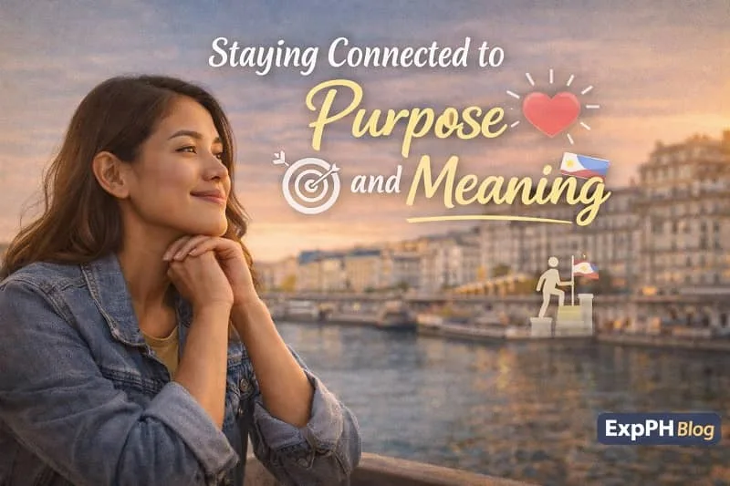 Filipino OFW reflecting peacefully abroad, symbolizing purpose, meaning, and emotional clarity while living overseas