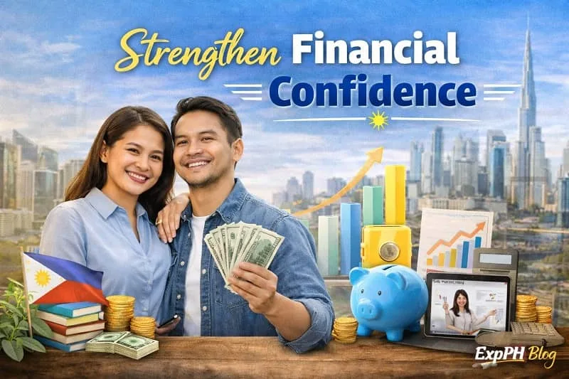 Confident Filipino professional managing money abroad with text Strengthen Financial Confidence and ExpPH Blog logo