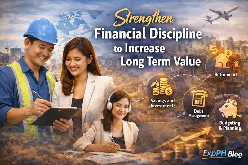 Filipino OFW couple reviewing savings, budgeting, and investment plans to build long term financial value with ExpPH Blog logo.