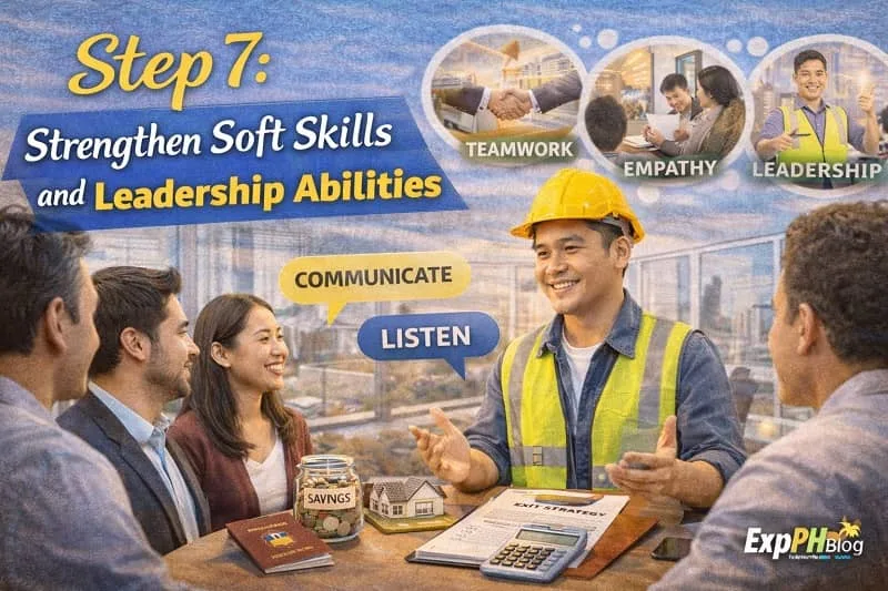 Filipino OFW leading a team discussion with communication and leadership symbols, savings jar, and ExpPH Blog logo