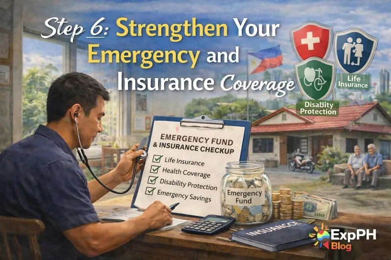Filipino OFW reviewing emergency fund and insurance checklist with savings jar and ExpPH Blog logo