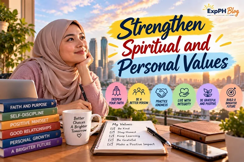 A Filipina woman wearing a hijab reflects on her personal values at a desk overlooking a city skyline, surrounded by books and a journal about kindness, honesty, gratitude, and personal growth.