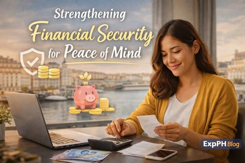 Filipino OFW reviewing savings and finances abroad, representing financial security and peace of mind while working overseas
