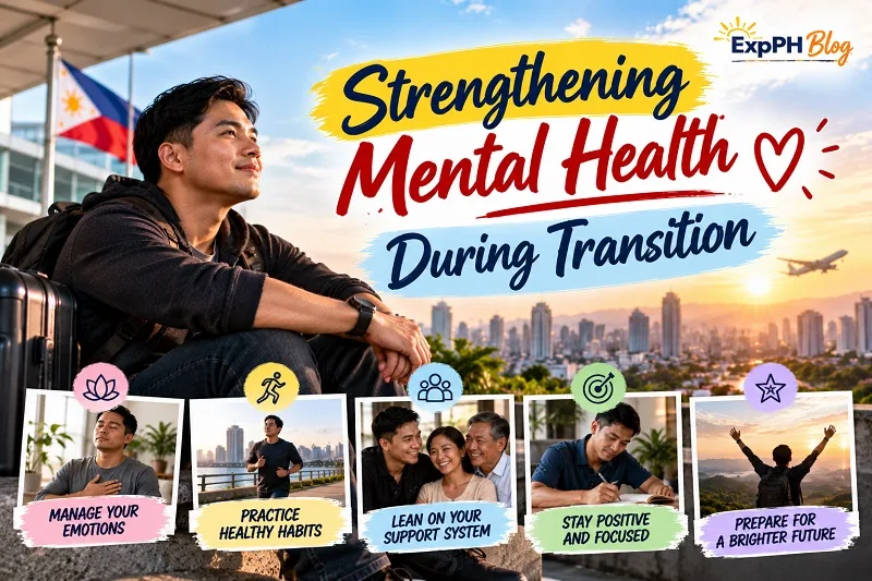 Filipino man sitting beside his luggage and looking toward a city skyline at sunset, representing mental health and emotional well-being during major life transitions.