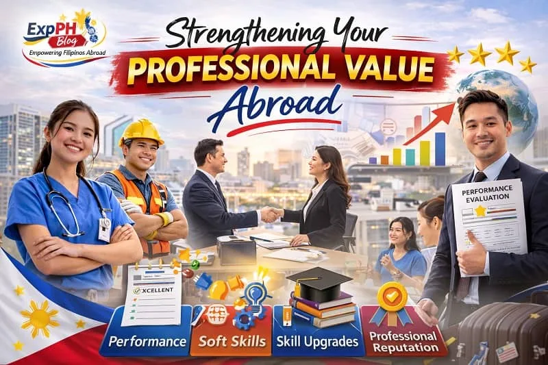 Filipino professionals including nurse, engineer, and office worker improving performance, soft skills, and career growth abroad with ExpPH Blog logo displayed.