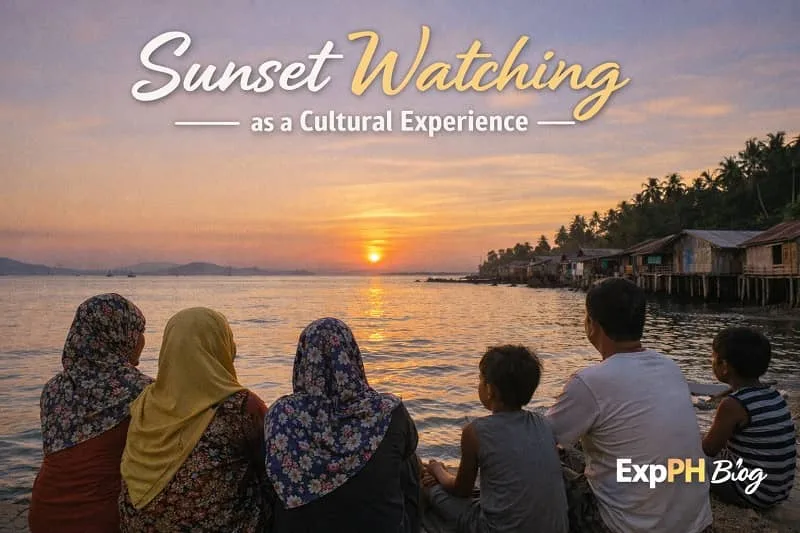 Filipino family watching the sunset together in a coastal community with stilt houses and calm sea in the background