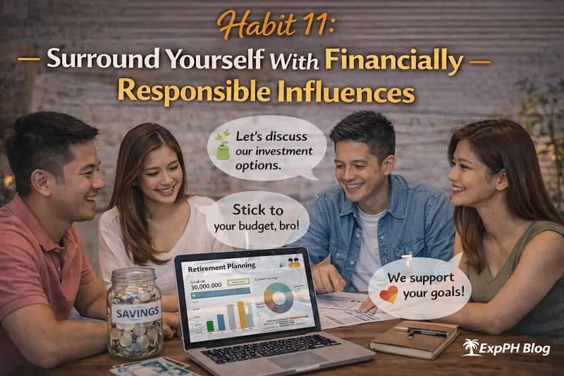 Filipino friends discussing budgeting and retirement planning at table with laptop and savings jar