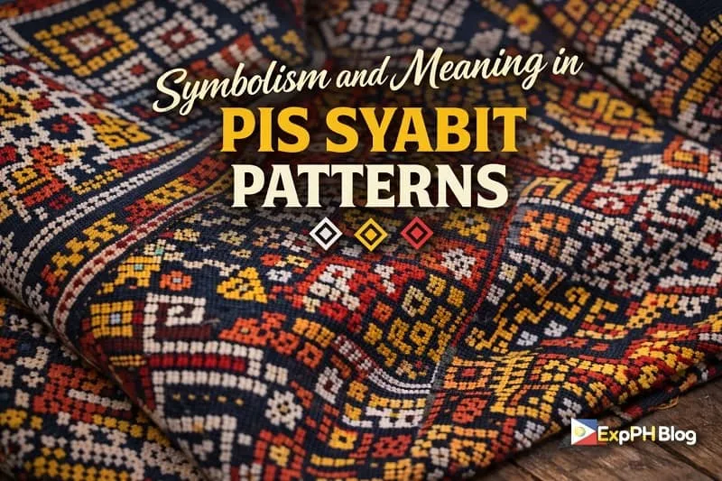 Close up of Pis Syabit woven patterns showing symbolic colors and geometric designs in Tausug weaving with ExpPH Blog logo