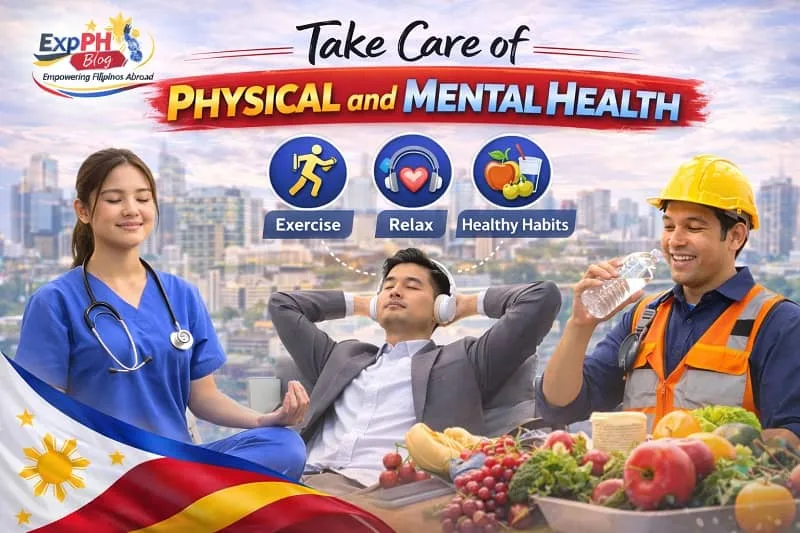 Filipino OFWs including nurse, office worker, and construction worker practicing exercise, relaxation, and healthy habits to support job security abroad with ExpPH Blog logo.