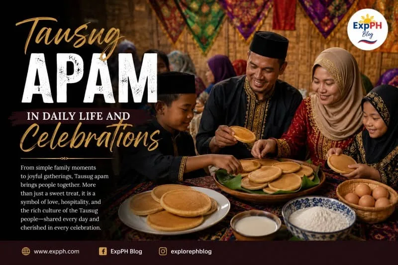 A Tausug family gathered around a table enjoying traditional apam during a cultural celebration, showcasing the role of Tausug apam in daily life and special occasions.