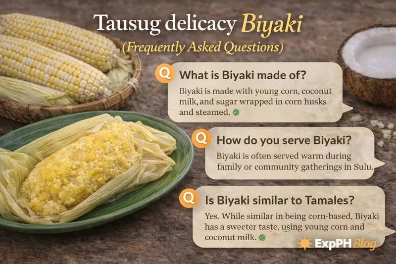 Infographic of Tausug delicacy Biyaki wrapped in corn husks with FAQ text overlay and ExpPH Blog logo