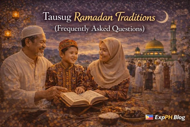 Tausug family reading Quran together during Ramadan in Sulu with mosque and crescent moon in background