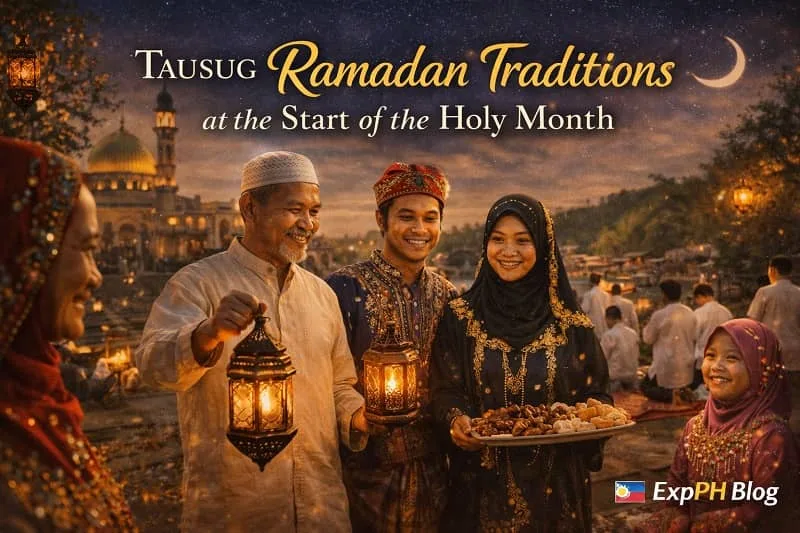 Tausug family in traditional attire preparing for Ramadan at sunset in Sulu with mosque and lanterns, representing Tausug Ramadan Traditions