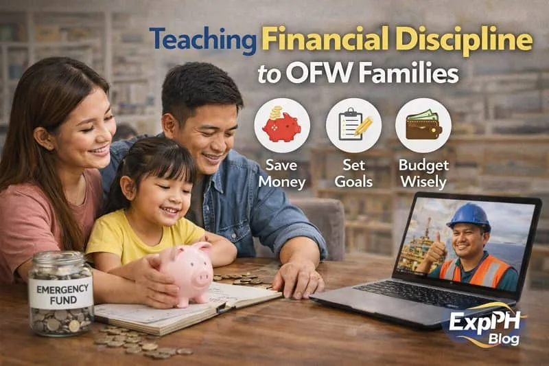 Filipino family teaching children about saving and budgeting while an OFW joins through video call, showing financial discipline for OFW families