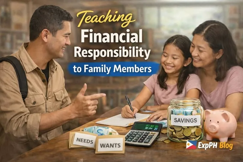 Filipino overseas worker guiding his family in budgeting with savings jar, calculator, and money envelopes, showing financial responsibility taught at home
