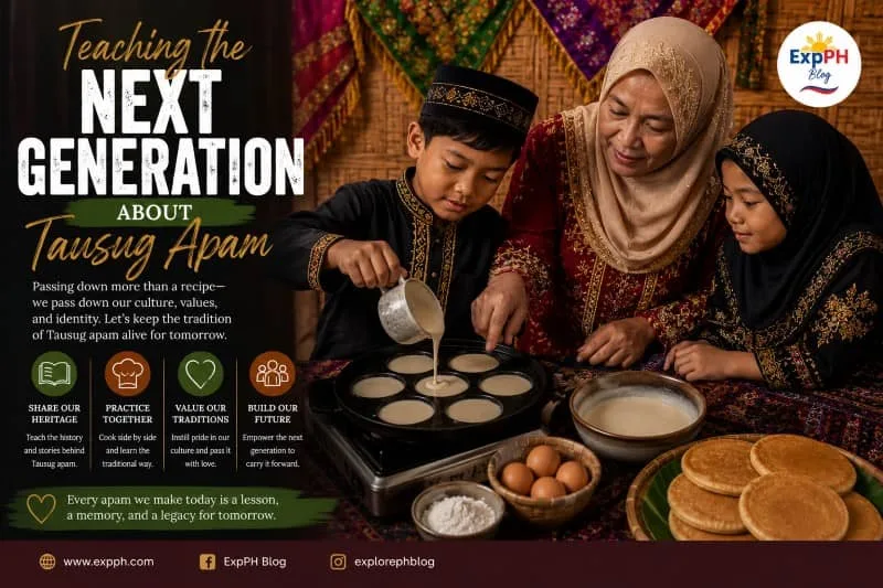 A Tausug elder teaching children how to prepare traditional Tausug apam, demonstrating the passing of cultural knowledge and culinary traditions to the next generation.