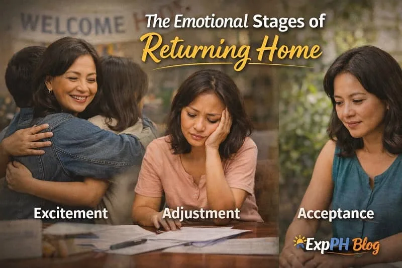Filipina OFW experiencing excitement, adjustment, and acceptance after returning home, representing the emotional stages of reintegration