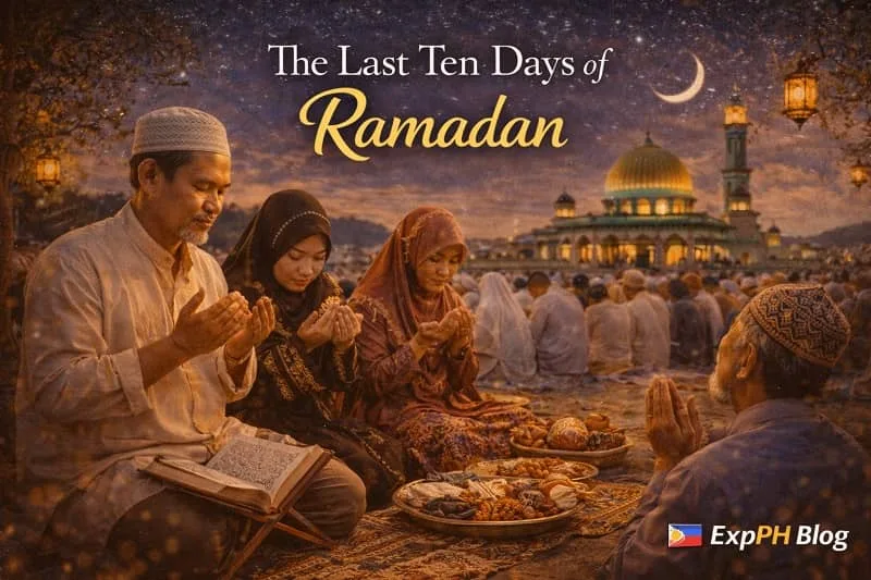 Filipino Muslim family praying during the last ten days of Ramadan near a mosque at night with crescent moon