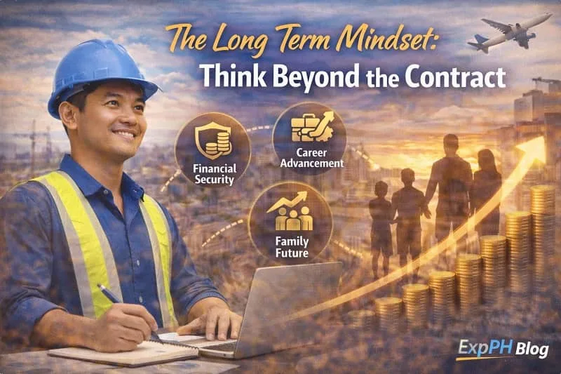 Filipino OFW looking at future career plans with sunrise background and growth symbols, featuring ExpPH Blog logo.