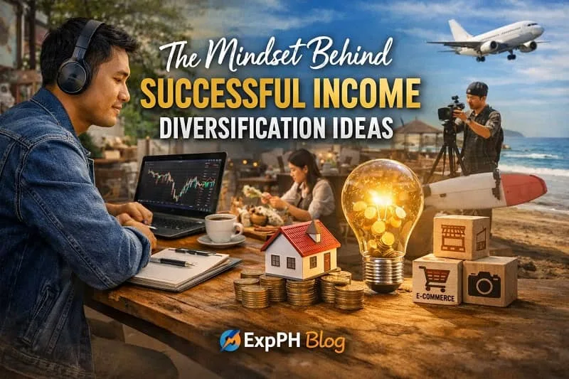 Filipino man working on a laptop with stock charts, surrounded by symbols of income diversification like coins, house model, e-commerce icons, and creative work setup with beach background