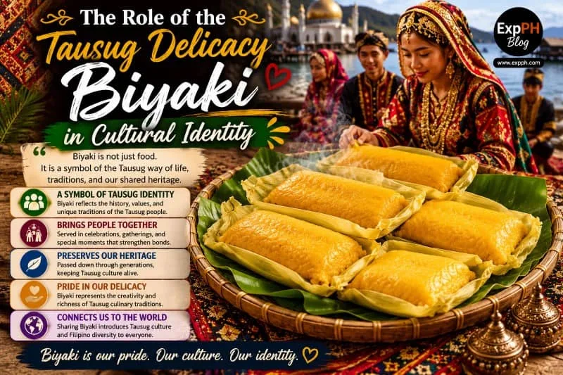 Traditional Tausug Biyaki delicacy displayed on banana leaves with people wearing colorful Tausug attire, representing cultural heritage, community traditions, and identity in Sulu, alongside the ExpPH Blog logo.