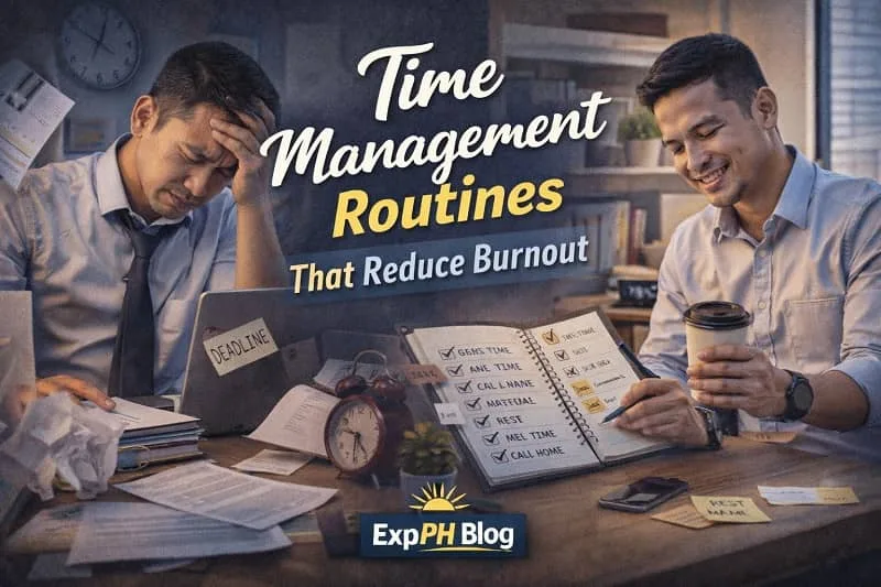 Time management routines that reduce burnout, showing a Filipino overseas worker organizing tasks calmly with ExpPH Blog logo