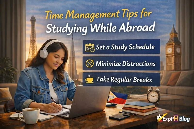 Filipina OFW studying at night with laptop and clock showing time management tips while abroad, with ExpPH Blog logo