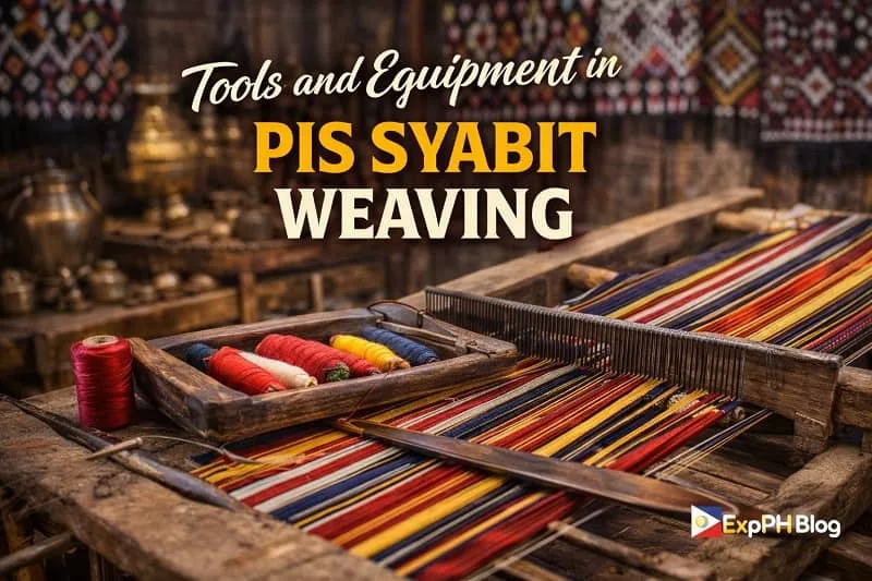 Traditional tools and equipment used in Pis Syabit weaving including wooden loom, shuttles, and threads displayed in a Filipino weaving setting with ExpPH Blog logo