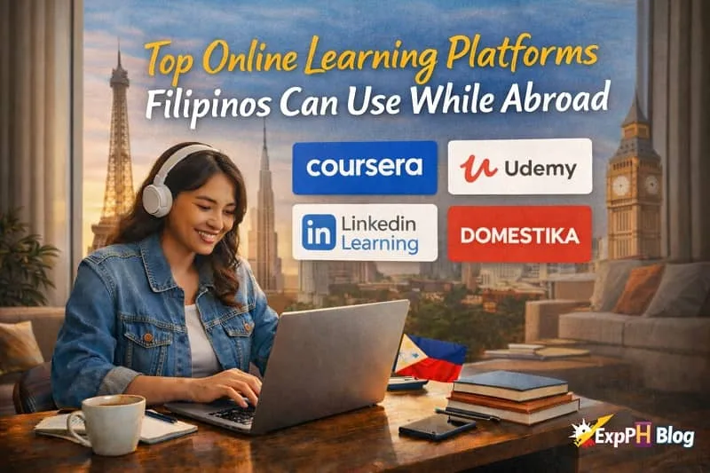Filipina OFW studying online on laptop abroad with top online learning platform logos and ExpPH Blog logo displayed