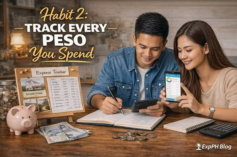 Filipino couple tracking daily expenses at home using notebook, calculator, smartphone app, coins, and piggy bank