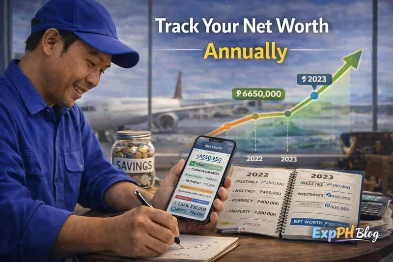 Filipino OFW reviewing net worth growth on smartphone and notebook at airport table with savings jar and ExpPH Blog logo