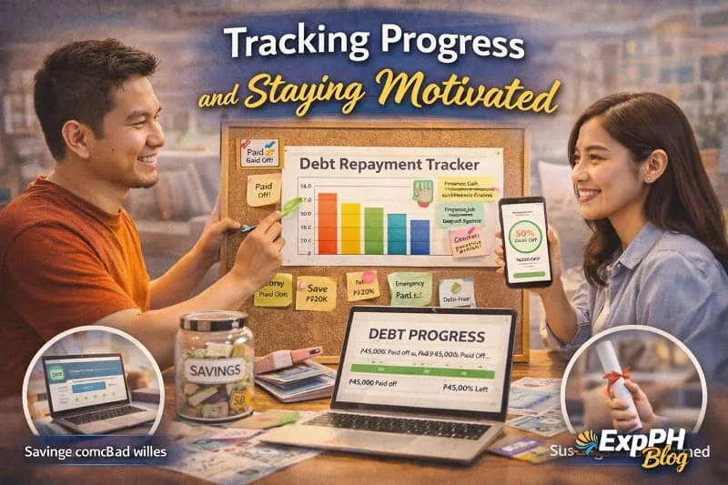 Filipino couple reviewing debt progress chart and savings goals while staying motivated with ExpPH Blog logo
