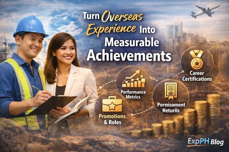 Filipino OFW professional tracking measurable achievements with charts, certifications, and career growth visuals, with ExpPH Blog logo.