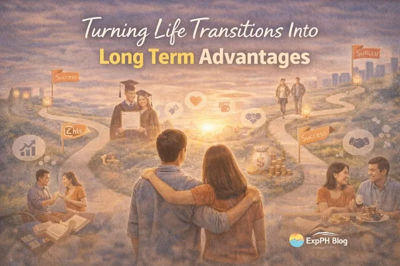 Filipino family and OFW professional celebrating career growth and financial progress after overcoming major life changes with ExpPH Blog logo