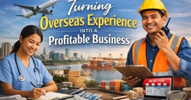 Filipino nurse and construction worker planning a business with city skyline, airplane, cargo port, and online store setup representing turning overseas experience into a profitable OFW business.