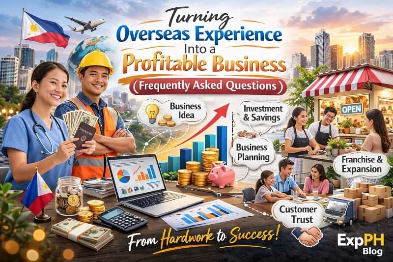 Filipino nurse and construction worker planning an OFW business with FAQ icons, growth charts, permits, and small shop background representing frequently asked questions about starting a business.