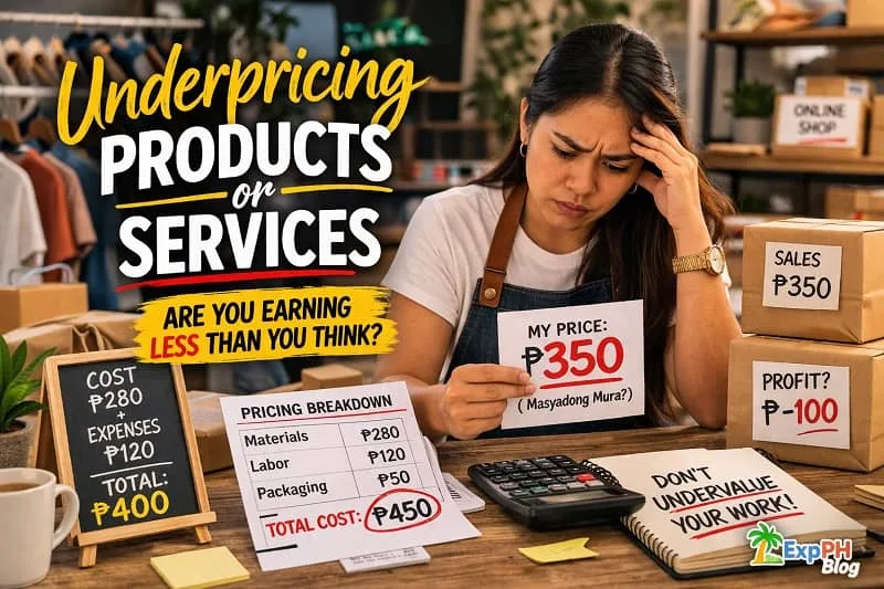 Filipino entrepreneur calculating product costs and realizing losses due to underpricing, surrounded by packaging materials and financial notes
