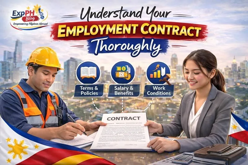 Filipino OFWs reviewing and signing an employment contract abroad with focus on salary, benefits, and work conditions, featuring ExpPH Blog logo.