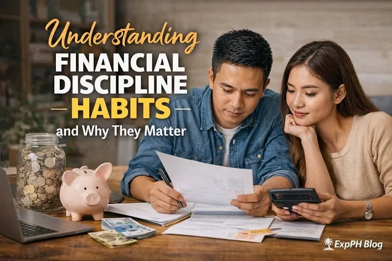 Filipino couple reviewing bills and savings at home with piggy bank, coins, and laptop while learning about financial discipline habits