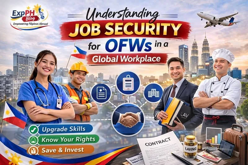 Filipino OFWs including nurse, engineer, office professional, and chef standing confidently in a global city background representing job security for OFWs in an international workplace with ExpPH Blog logo.