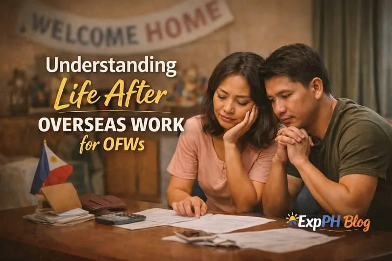 Filipino couple reviewing documents at home with a welcome home banner, representing life after overseas work for OFWs